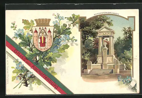 Passepartout-Lithographie Aschaffenburg, Monumentalbrunnen, Wappen