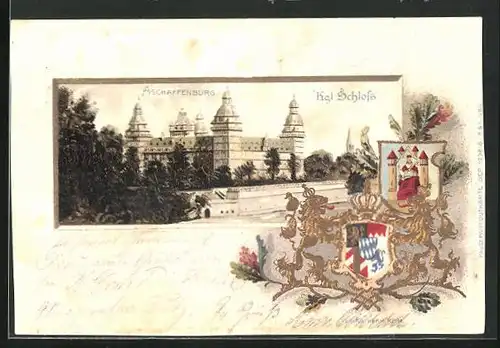 Passepartout-Lithographie Aschaffenburg, Kgl. Schloss, Wappen