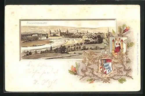 Passepartout-Lithographie Aschaffenburg, Gesamtansicht, Wappen