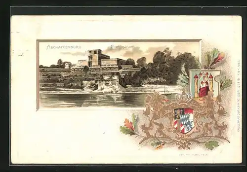 Passepartout-Lithographie Aschaffenburg, Pompejanum, Wappen