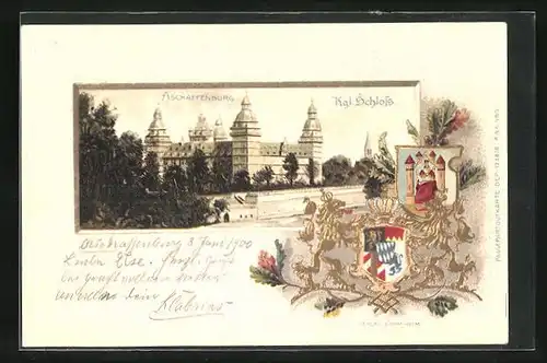 Passepartout-Lithographie Aschaffenburg, Königliches Schloss, Wappen