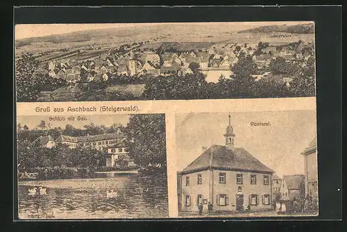 AK Aschbach /Steigerwald, Schloss mit See, Postamt, Totalansicht