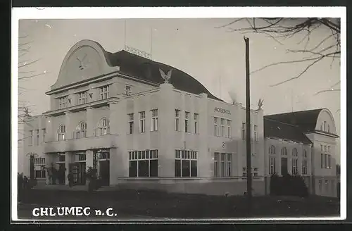 AK Chlumec n. C., Gebäudeansicht, Bio Sokol