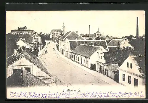AK Smirice n. L., Strassenpartie aus der Vogelschau