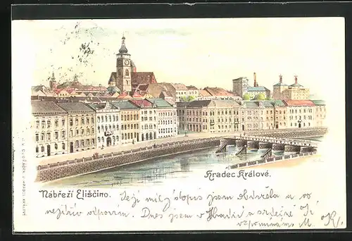 Lithographie Königgrätz / Hradec Kralove, Nabrezi Eliscino