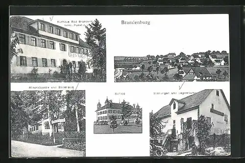 AK Brandenburg / Iller, Kurhaus Bad Brandenburg, Mineralquelle und Badehaus, Schloss und Stallungen