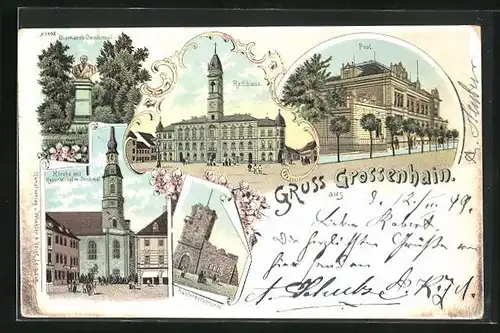 Lithographie Grossenhain, Post, Bismark-Denkmal, Kirche mit Kaiser-Wilhelm-Denkmal und Kupferbergthurm