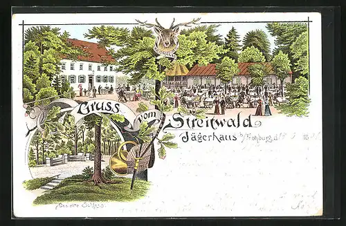 Lithographie Streitwald b. Frohburg, Ansicht vom Gasthof Jägerhaus und altem Schloss