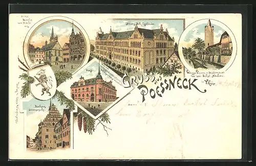 Lithographie Poessneck in Thür., Post, Rathaus, Schule und Stadtmauer