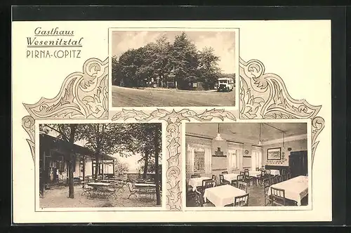 AK Pirna-Copitz, Speisesaal und Garten des Gasthauses Wesenitztal von Otto Zschäkel