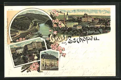 Lithographie Zschopau, Partie am Bahnhof, Seminar, Rathaus, Ortsansicht