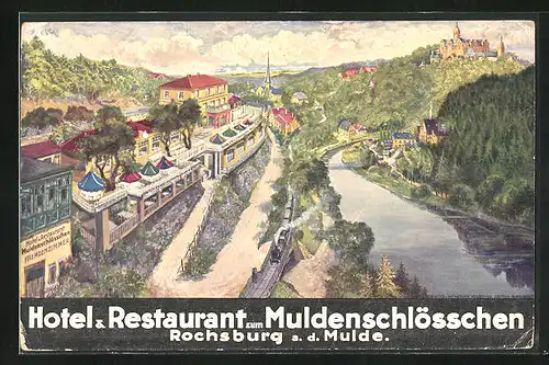 Künstler-AK Rochsburg an der Mulde, Hotel und Restaurant zum Muldenschlösschen Bes. Albin Unterberg