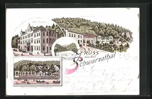 Lithographie Schwarzathal, Hotel Crysopras, Park zum Hotel, Garten mit Veranden und Speisesaal