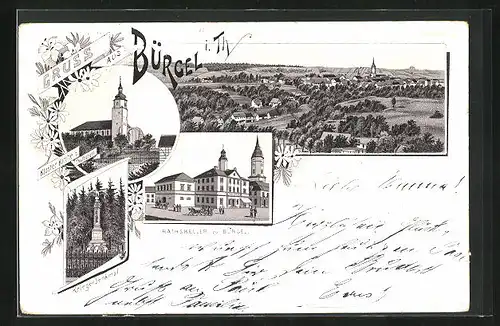 Lithographie Bürgel i. Th., Gasthof Rathskeller zu Bürgel, Kloster Kirche z. Thalbürgel und Kriegerdenkmal