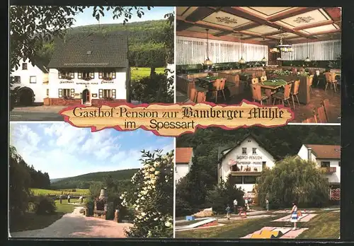 AK Bamberger Mühle im Spessart, Gasthof-Pension zur Bamberger Mühle, Innenansicht, Minigolfanlage