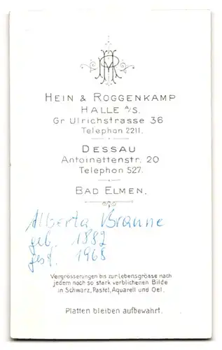 Fotografie Hein & Roggenkamp, Halle a /S., Gr. Ulrichstrasse 36, Portrait junge Dame im eleganten Kleid