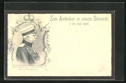 AK Bismarck, Fürst Bismarck in Uniform mit Schirmmütze, Gest. 1898