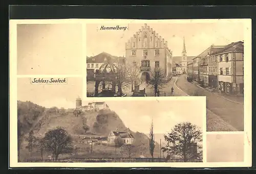 AK Hammelburg, Strassenpartie mit Kirche, Schloss Saaleck