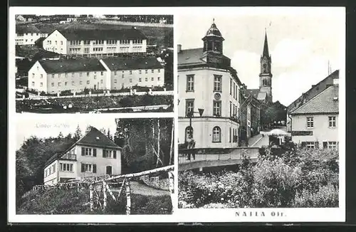 AK Naila /Ofr., Strassenpartie mit Kirche, Cafe Linden, Gebäudeansicht