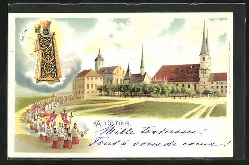 Lithographie Altötting, Ortspartie mit Kirche und Prozession, Gnadenbild