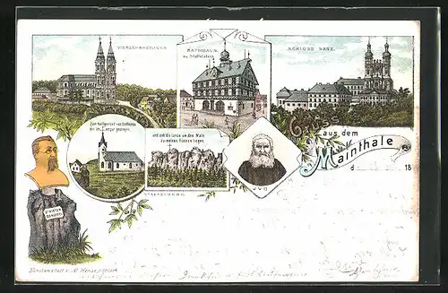 Lithographie Bad Staffelstein, Vierzehnheilligen im Maintal, Schloss Banz, Rathaus zu Staffelstein