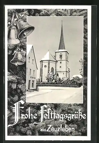 AK Zeuzleben, Kirche und Metzgerei im Winter, Tannenzweige und Glocken, Festtagsgruss