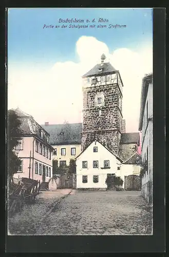 AK Bischofsheim v. d. Rhön, Partie an der Schulgasse mit altem Stadtturm