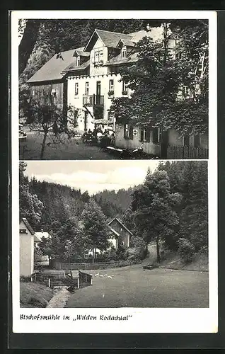 AK Helmbrechts, Gasthaus Bischofsmühle im Wilden Rodachtahl, Ortspartie