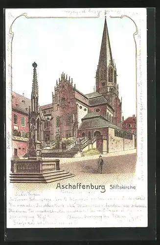 Lithographie Aschaffenburg, Darstellung der Stiftskirche