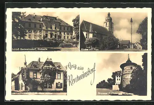 AK Rentweinsdorf, Gemischtwarengeschäft Hans Müller, Brauerei Freiherr von Rotenhan, Schloss Rentweinsdorf Rückseite