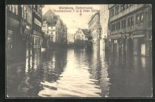 AK Würzburg, Hochwasser 1909, Domstrasse mit Geschäften