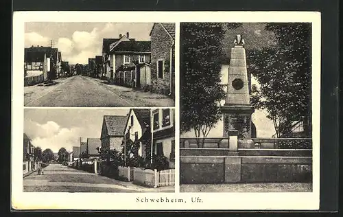 AK Schwebheim /Ufr., Strassenpartie mit Gebäudeansicht, Denkmal
