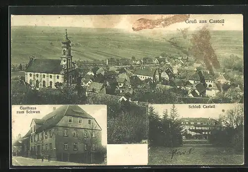 AK Castell, Gasthaus zum Schwan, Schloss Castell, Teilansicht mit Kirche