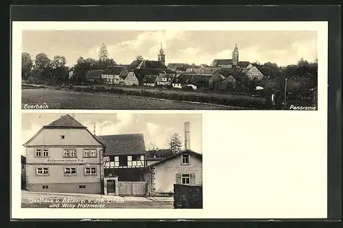 AK Euerbach, Gasthaus und Bäckerei v. Joh. Elflein und Willy Holzmeier, Panorama