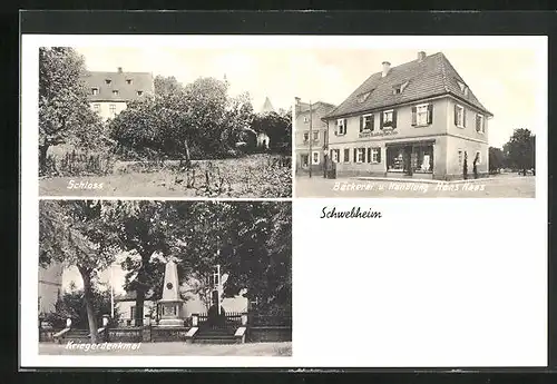 AK Schwebheim, Bäckerei und Handlung Hans Haas, Schloss, Kriegerdenkmal