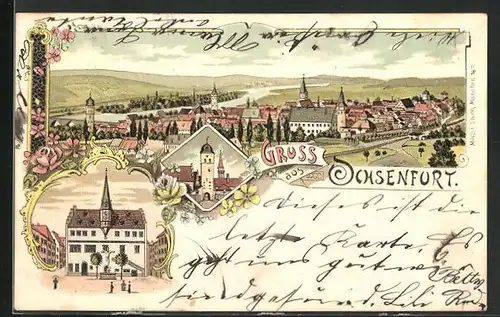 Lithographie Ochsenfurt, Teilansicht, Rathaus, Tor