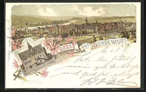 Lithographie Ochsenfurt, Teilansicht, Rathaus