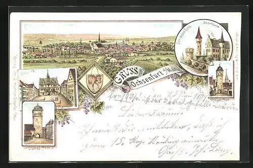 Lithographie Ochsenfurt, Rathaus, Oberes Tor, Klingen-Tor