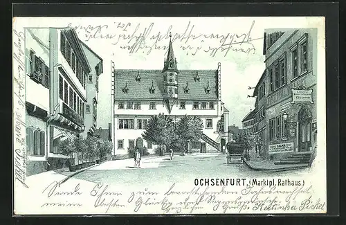 Lithographie Ochsenfurt, Marktpaltz mit Kolonialwarenhandlung und Rathaus