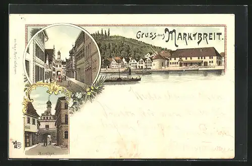 Lithographie Marktbreit, Uferpartie mit Dampfer, Tor, Maintor