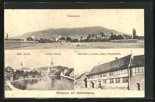 AK Rödelsee, Gasthaus zum Löwen, Katholische Kirche & Protestantische Kirche, Totalansicht mit Schwanberg