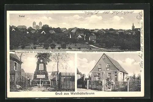 AK Waldbüttelbrunn, Flaschenbier- u. Gemischtwarenhandlung, Totalansicht, Kriegerdenkmal der Arbeiter-Turngemeinschaft