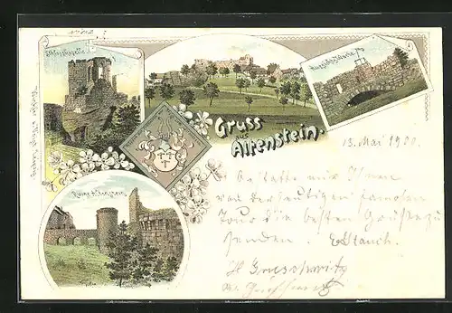 Lithographie Altenstein, Schlosskapelle, Aussichts-Warte, Wappen der Freiherren von Stein zum Altenstein