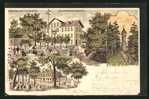 Lithographie Schmausenbuck bei Nürnberg, Restaurant Hotel Schmausenbuck, Aussichtsturm