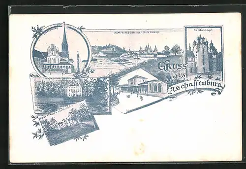 AK Aschaffenburg, Restaurant Schönbusch, Schlosshof, Stiftskirche