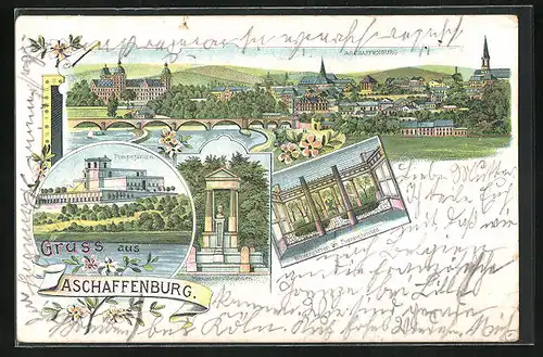 Lithographie Aschaffenburg, Pompejanum, Wintergarten, Monumentalbrunnen