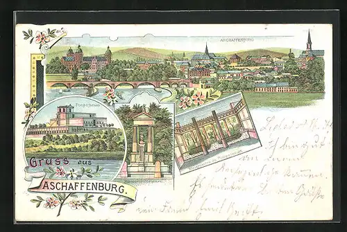 Lithographie Aschaffenburg, Pompejanum, Wintergarten, Monumentalbrunnen