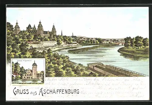 Lithographie Aschaffenburg, Schloss Mespelbrunn, Uferpartie