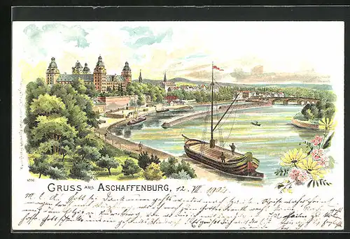 Lithographie Aschaffenburg, Schloss und Boote