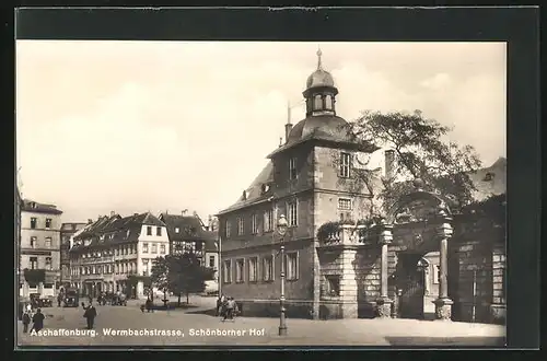 AK Aschaffenburg, Wermbachstrasse und Schönborner Hof mit Stadtsparkasse